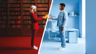 Illustration : une personne tend un document à une autre, entre une bibliothèque et un bureau moderne