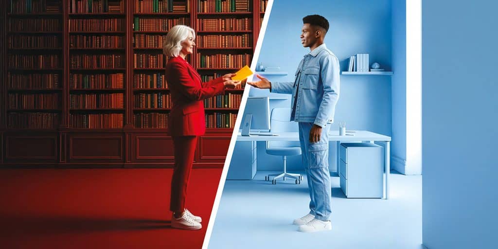 Illustration : une personne tend un document à une autre, entre une bibliothèque et un bureau moderne
