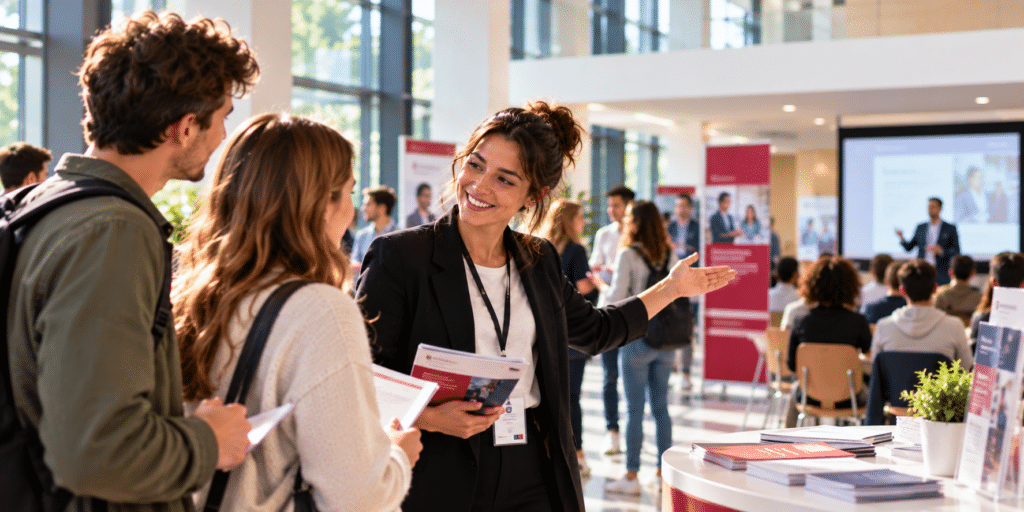 Des adultes échangent avec une conseillère lors d'un forum de formation