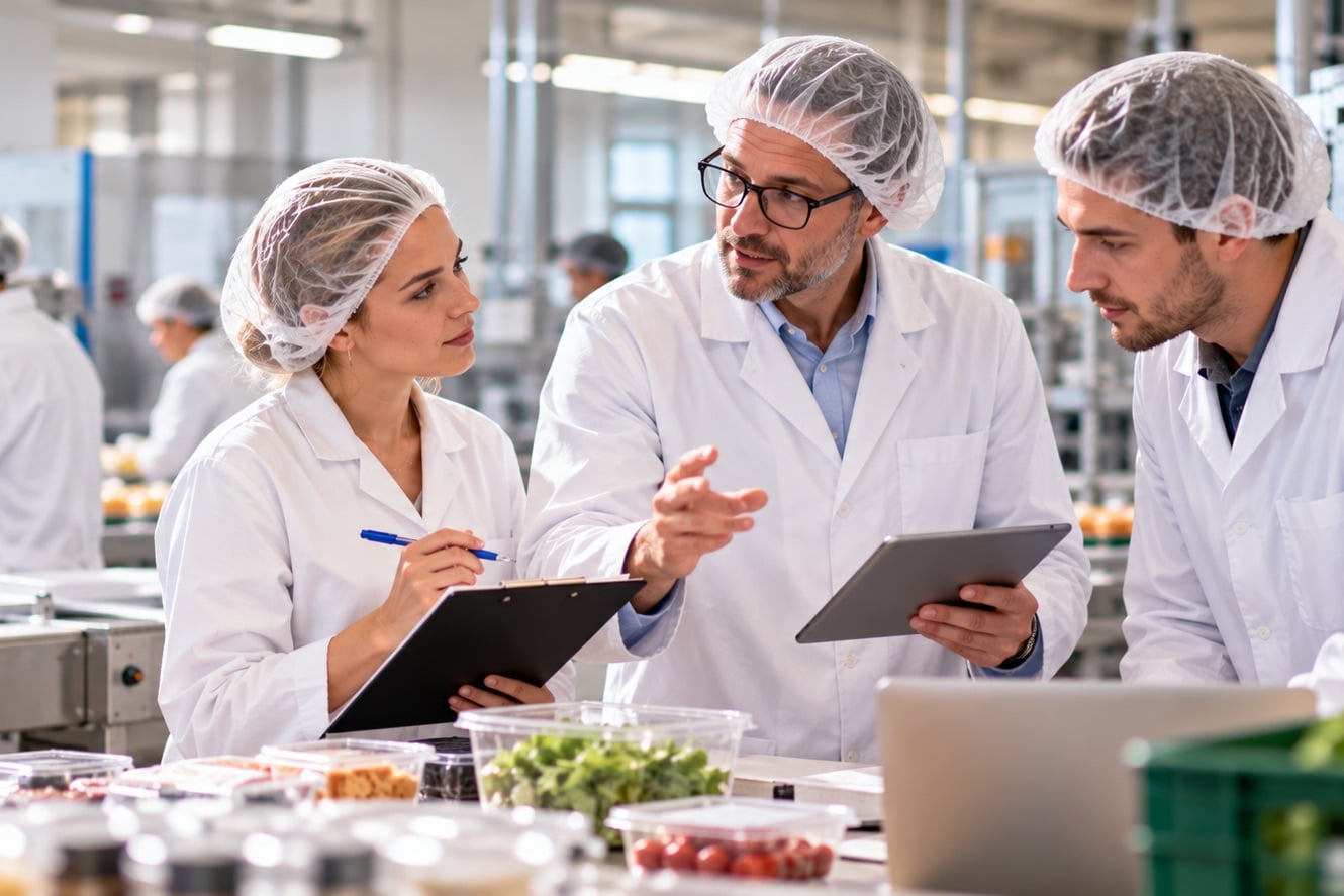 Trois professionnels en blouse et charlotte échangent dans un laboratoire agroalimentaire