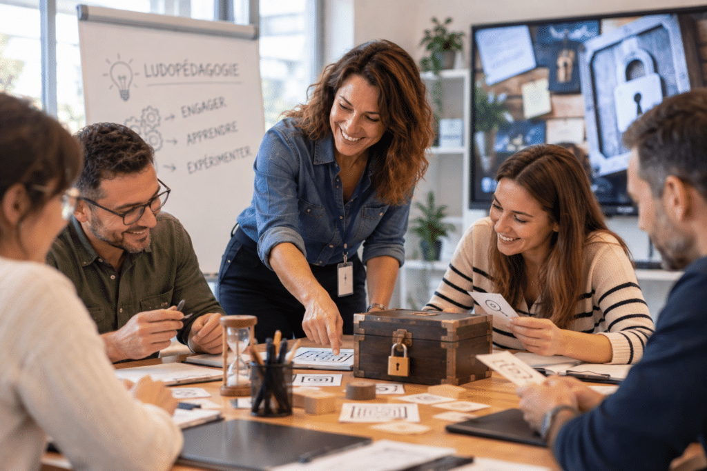 Groupe de professionnels en atelier de formation autour d’une table
