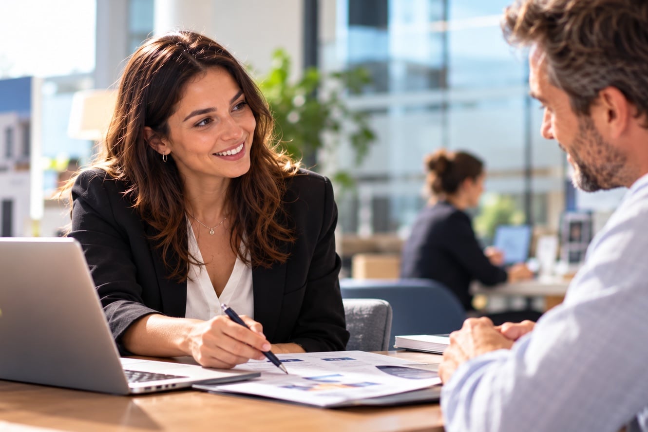 Conseillère en rendez-vous avec un client, documents et ordinateur sur la table