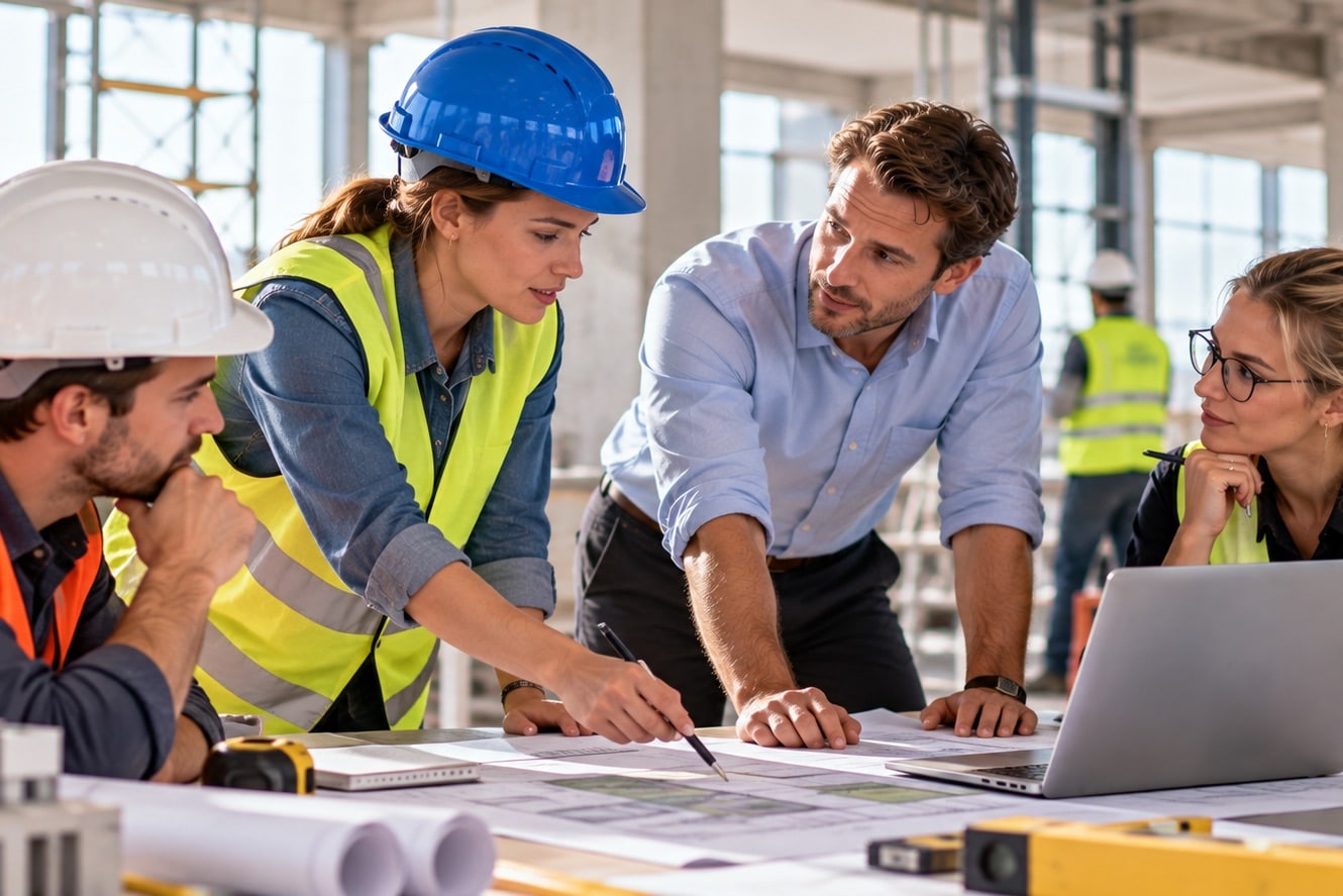 Équipe en casques de chantier penchée sur des plans