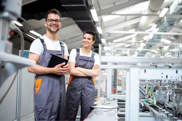 Deux techniciens en tenue de travail dans un atelier de production