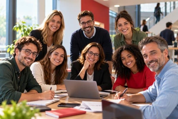 Équipe souriante réunie autour d’une table de travail