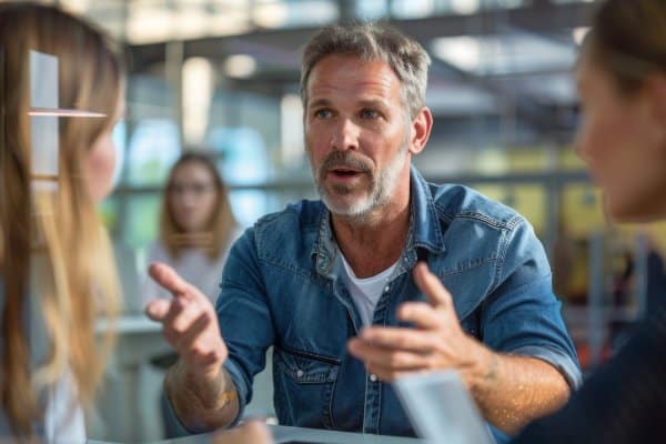Un homme explique un projet à des collègues autour d’une table