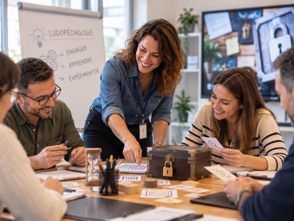 Une formatrice anime un atelier avec un groupe d’adultes autour d’une table