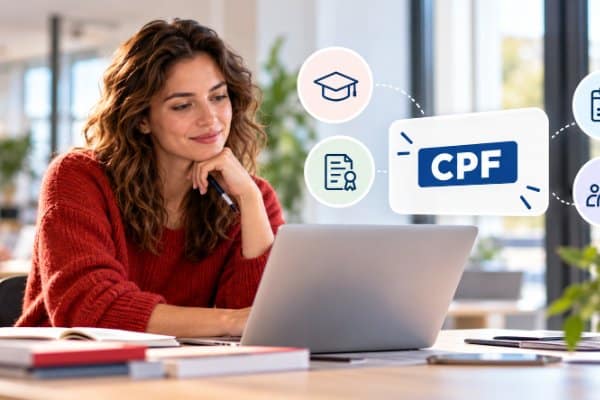 Femme devant son ordinateur portable, avec les pictogrammes du compte personnel de formation