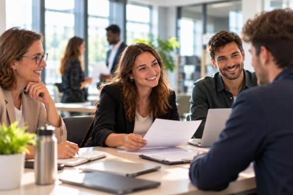 Entretien autour d’une table, dossiers ouverts, dans un espace de bureau