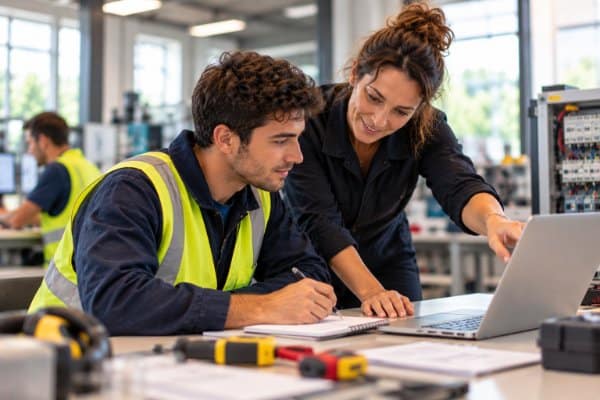 Technicien en gilet de sécurité et collègue devant un ordinateur portable