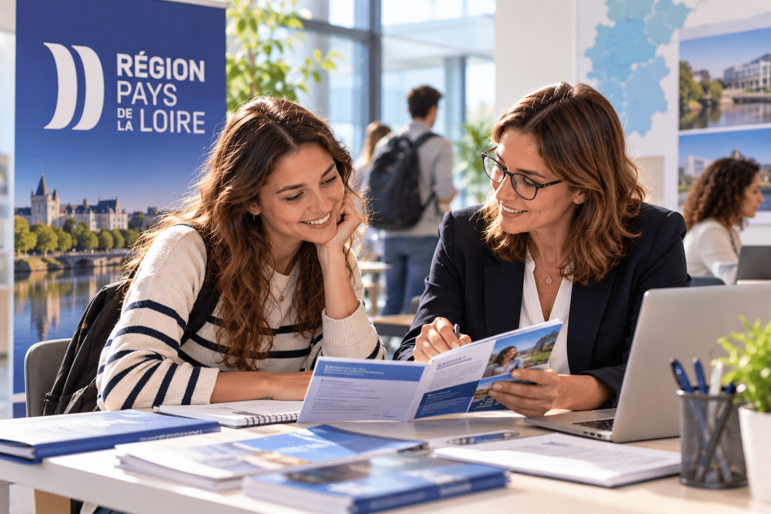 Deux femmes consultent une documentation sur la formation devant un stand de la Région Pays de la Loire