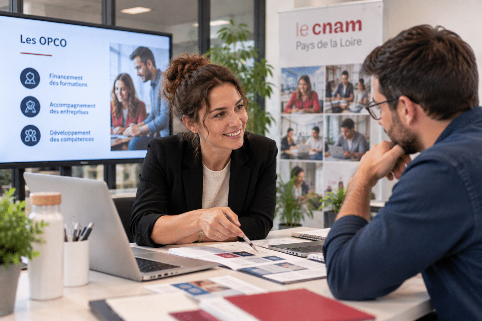 Conseillère présente les OPCO à un homme lors d'un rendez-vous