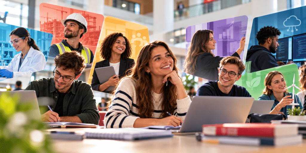 Des élèves de profils variés travaillent sur leurs ordinateurs dans une salle de cours