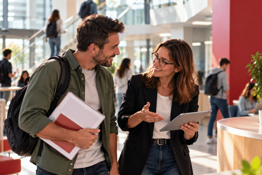 Deux adultes échangent, documents en main, dans un hall de formation
