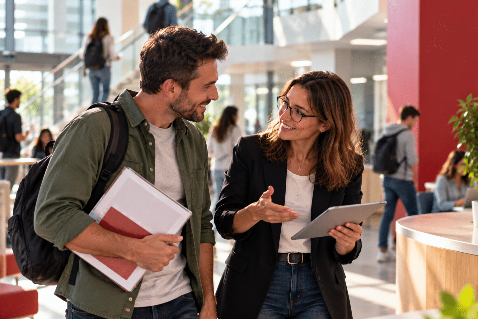 Deux étudiants discutent dans le hall d'un bâtiment moderne