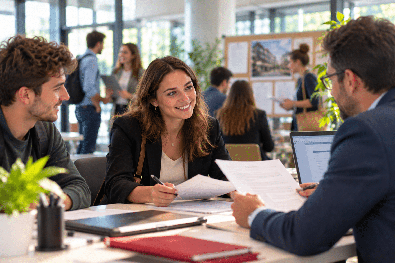 Entretien professionnel entre trois personnes autour d'une table