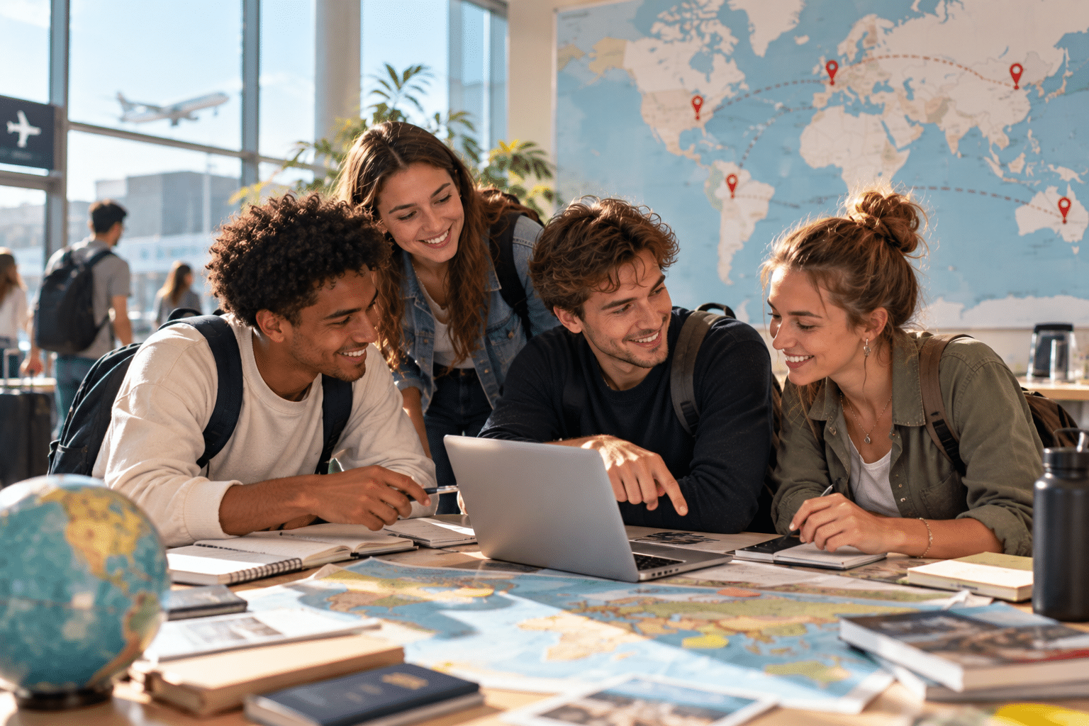 Étudiants préparent un voyage autour d'une carte du monde et d'un ordinateur