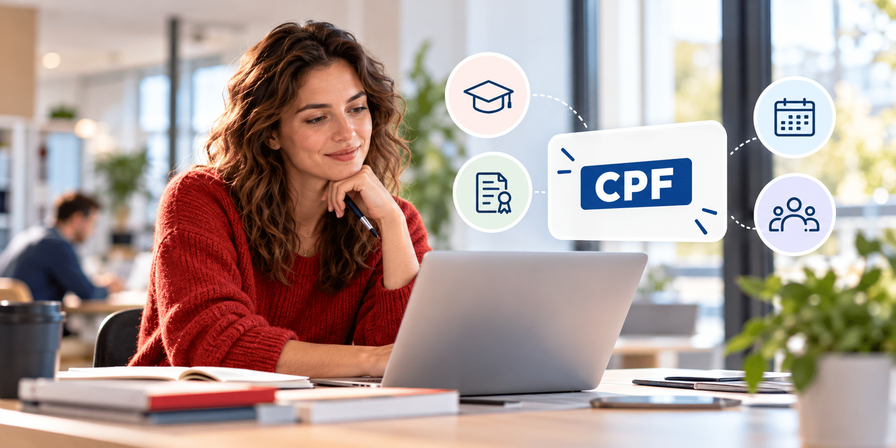 Femme devant son ordinateur portable, avec les pictogrammes du compte personnel de formation