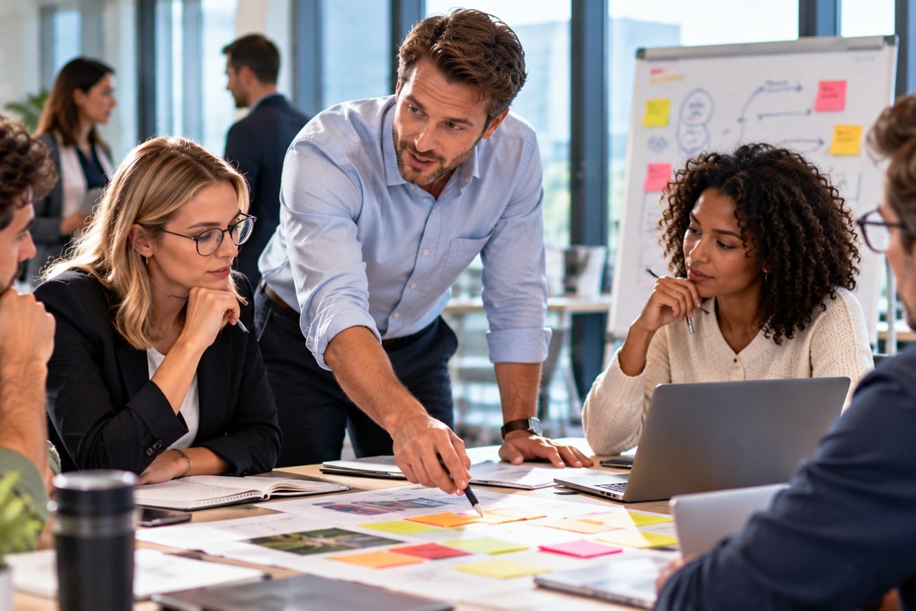 Équipe en séance de travail autour de notes adhésives et d'un tableau