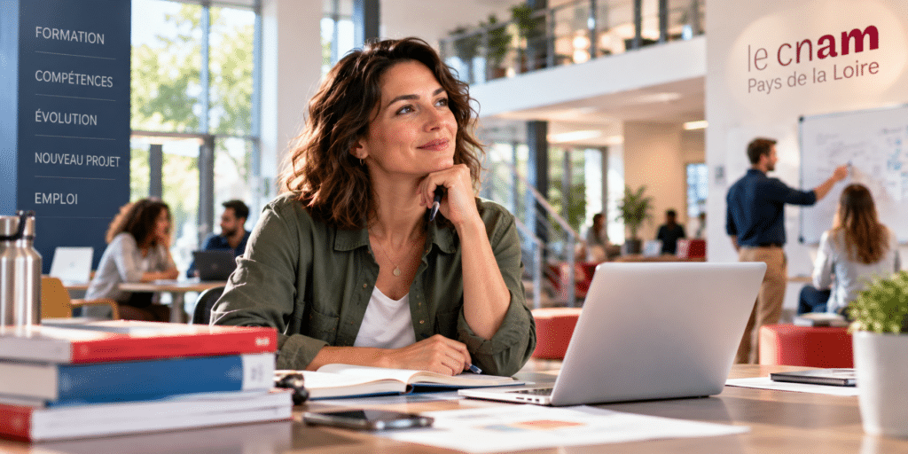 Une élève suit un cours sur son ordinateur portable dans le hall du Cnam