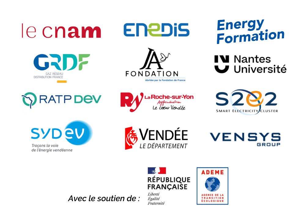 Logos des partenaires de la chaire TRESSE : Cnam, Enedis, Energy Formation, GRDF, Fondation, Nantes Université, RATP Dev, La Roche-sur-Yon Agglomération, S2O2, SyDEV, Vendée, Vensys, avec le soutien de l'État et de l'Ademe