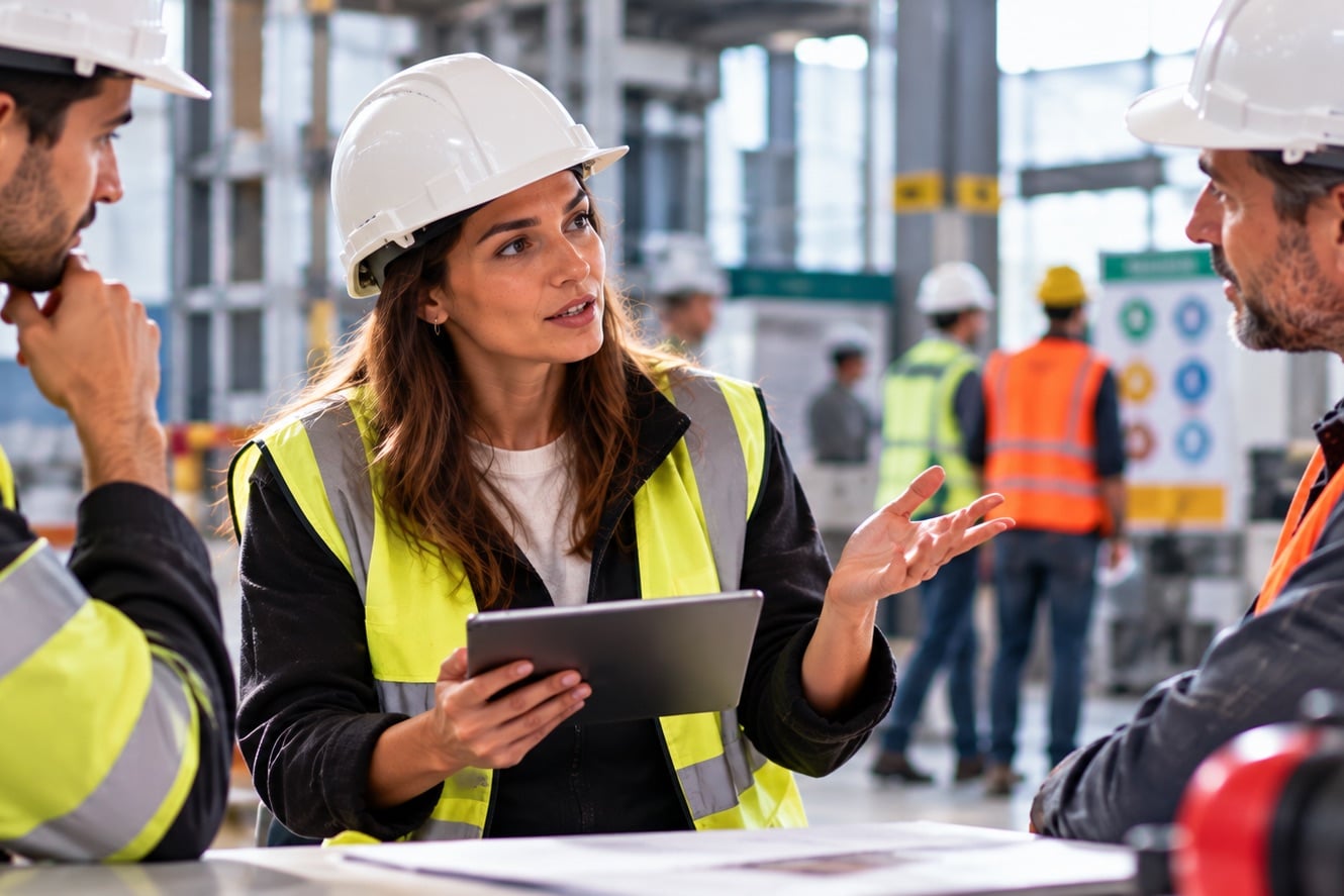 Femme en casque de chantier et gilet jaune échange avec ses collègues sur un site industriel