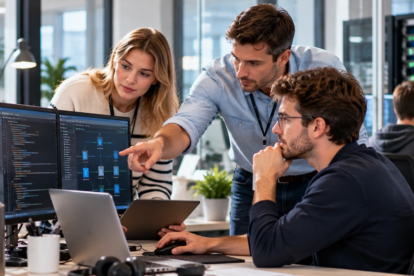Équipe autour d'un ordinateur portable, écrans de code en arrière-plan