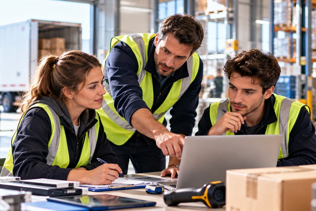 Trois personnes en gilet jaune travaillent sur un ordinateur portable dans un entrepôt logistique